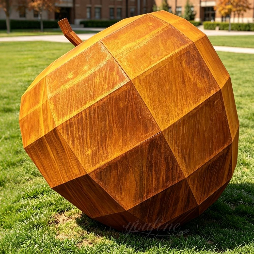 Corten steel geometrically faceted (peeled) apple sculpture for campus decor