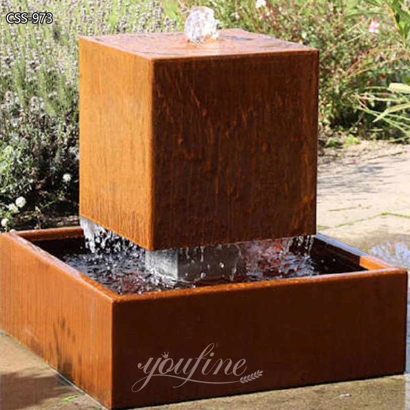 Cube-shaped corten steel fountain