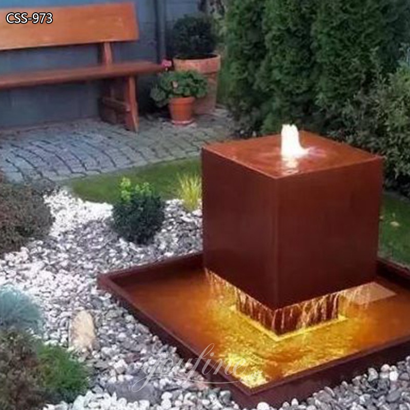 Cube-shaped corten steel fountain