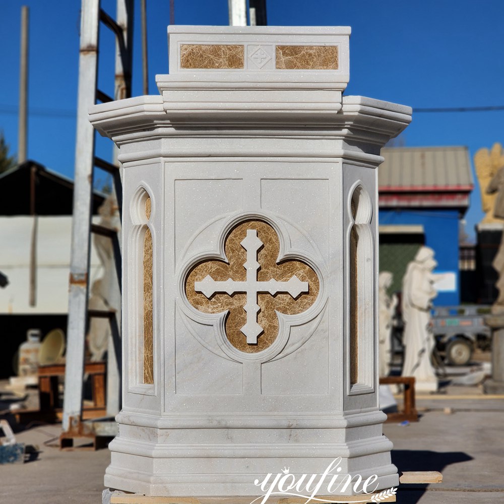 Custom Marble Pulpit Church with Cross Front View