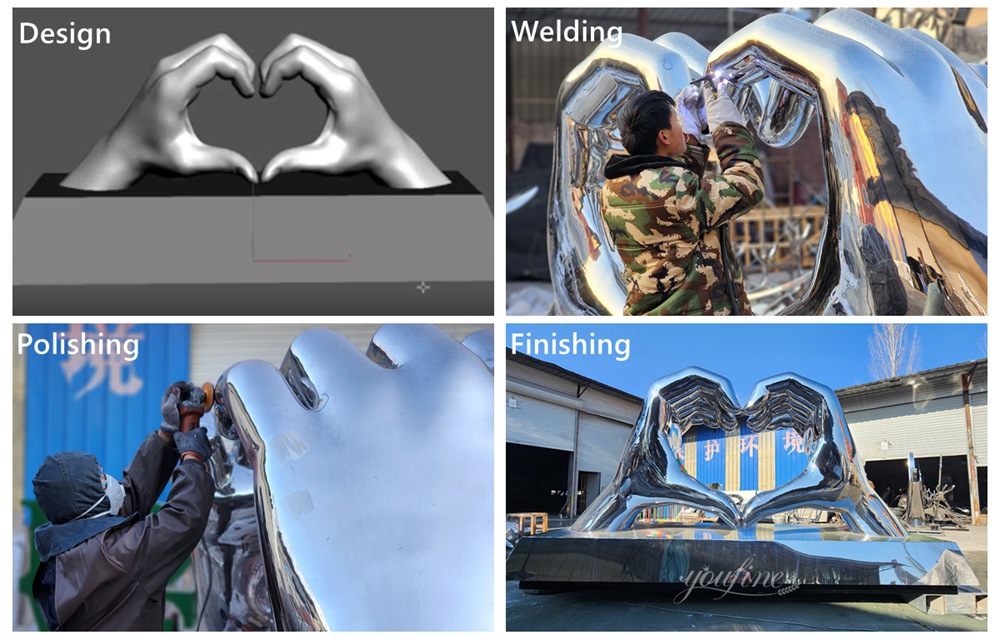 Custom Mirrored Stainless Steel Heart Hand Sculpture with Rectangular Base Making Process