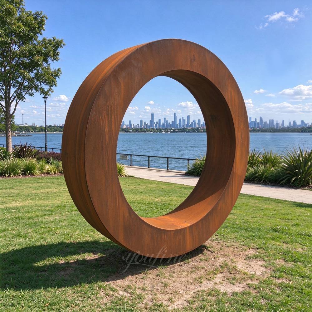 Custom Rusty Corten Steel Ring Sculpture for Lawn