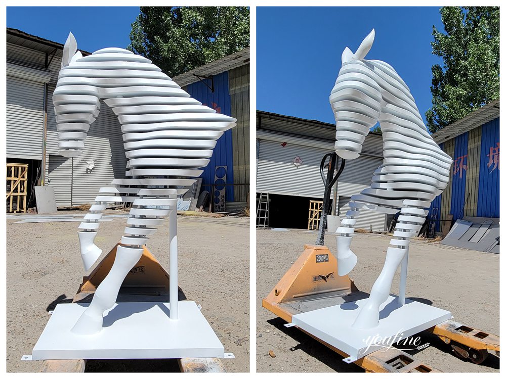 Custom White Stainless Steel Abstract Horse Head Sculpture with Sliced Strips Details