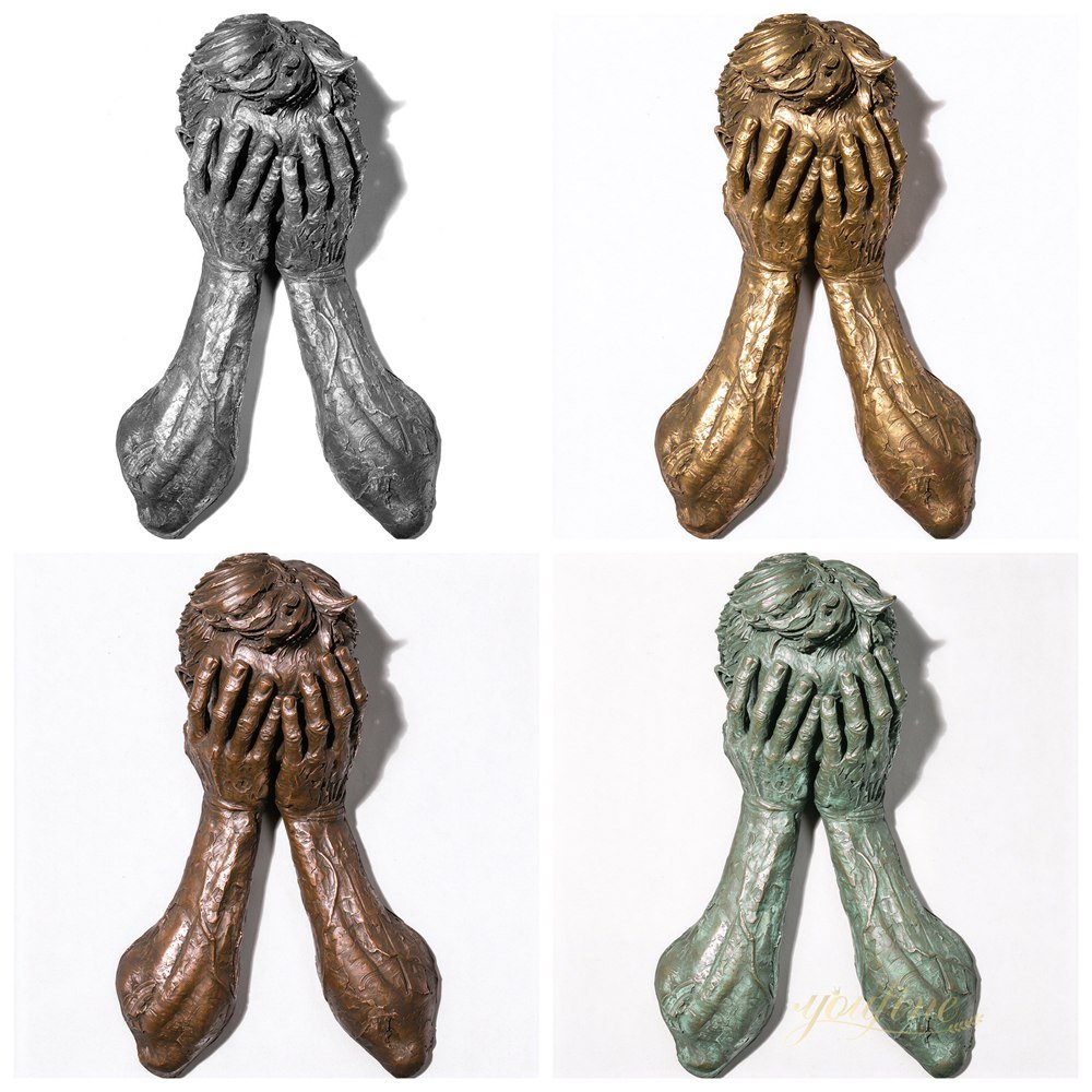Different Colors of Bronze Man Covering His Face with His Hands Wall Sculpture