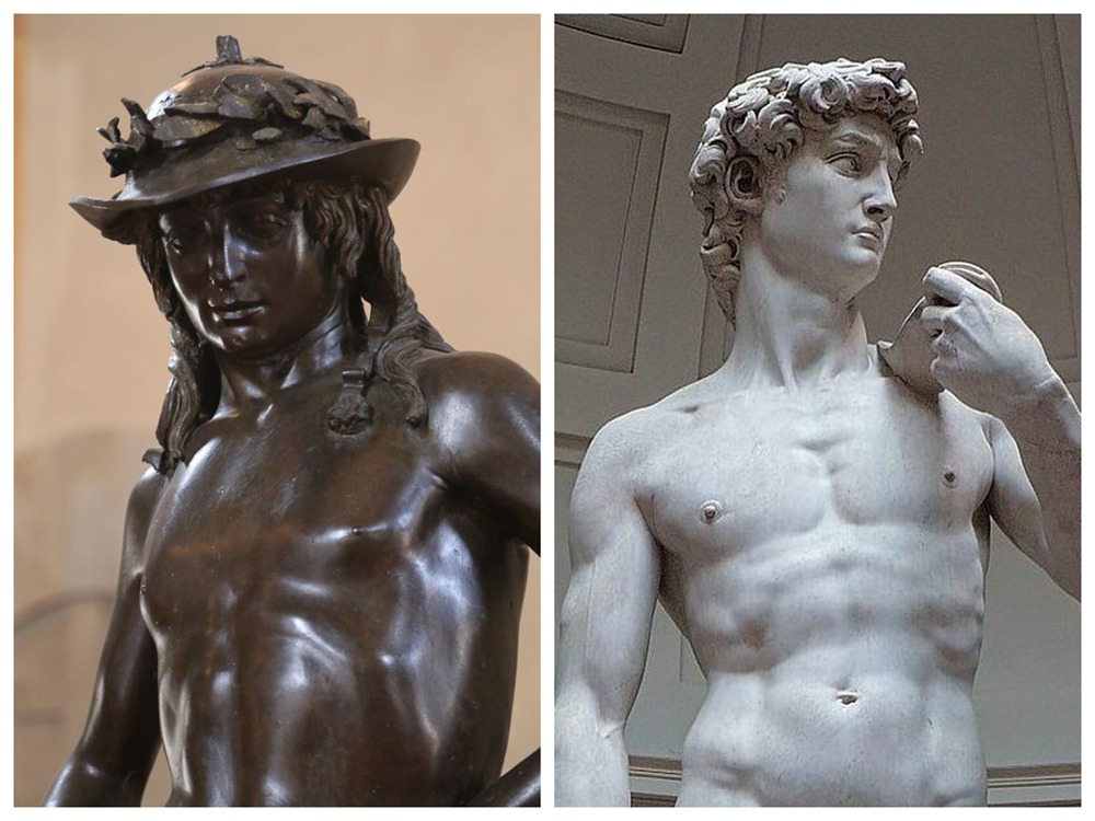 Donatello David statue detail vs Michelangelo David statue detail