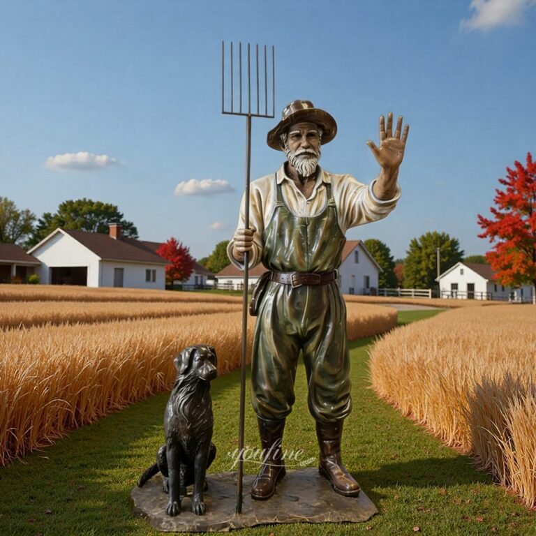 Exquisite Bronze Farmer and Dog Statue