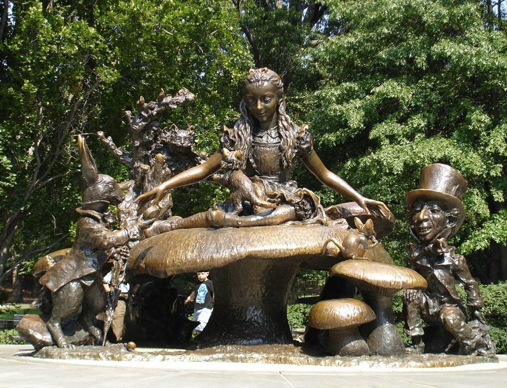 The Alice in Wonderland sculpture in Central Park is a whimsical, famous bronze statue.
