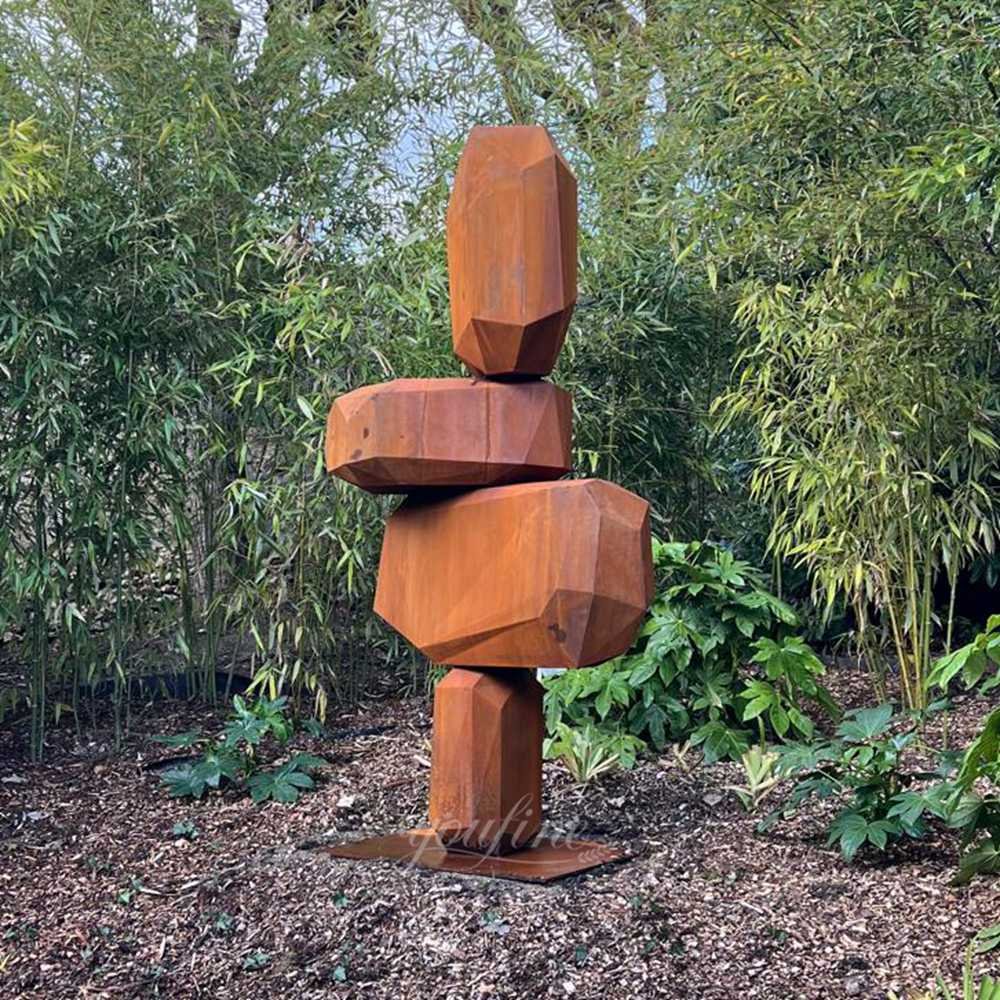 French courtyard corten steel stacked stone sculpture