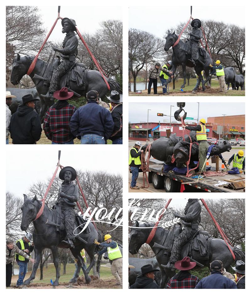 Full Size Bronze Cowboy Riding Horse Statue Installation