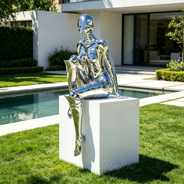 Futuristic Style Stainless Steel Sitting Female Robot Sculpture