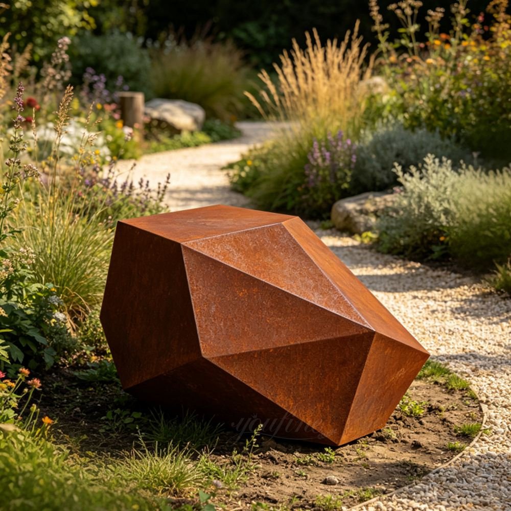Geometric Faceted Corten Steel Rock Sculptures for Garden