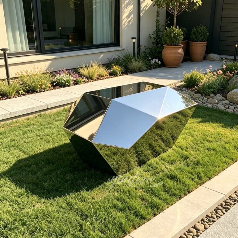 Geometric Faceted Stainless Steel Rock Sculpture for Lawn