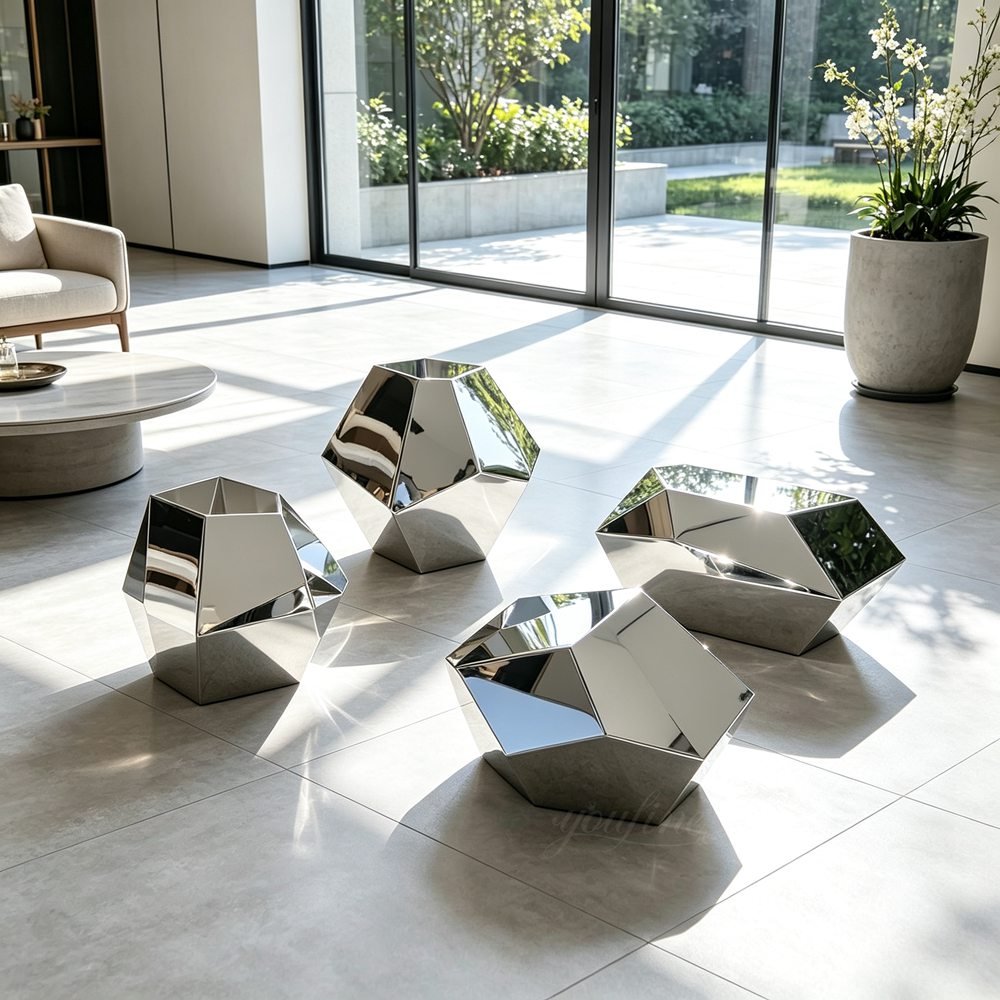 Geometric Faceted Stainless Steel Rock Sculptures for Lobby