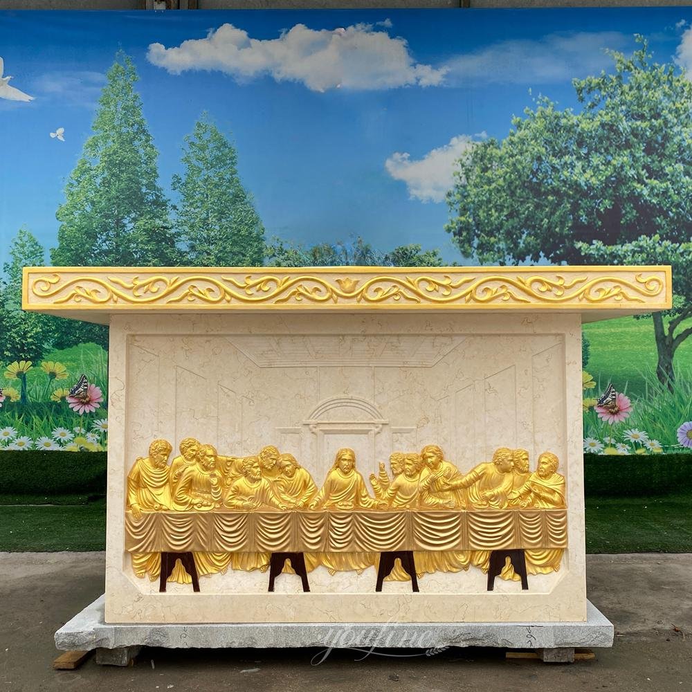Gilded Marble Altar with The Last Supper Relief Carving Front View