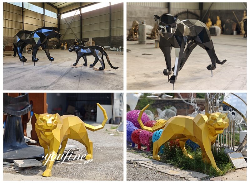 Gold and Black Stainless Steel Geometric Panther Statues