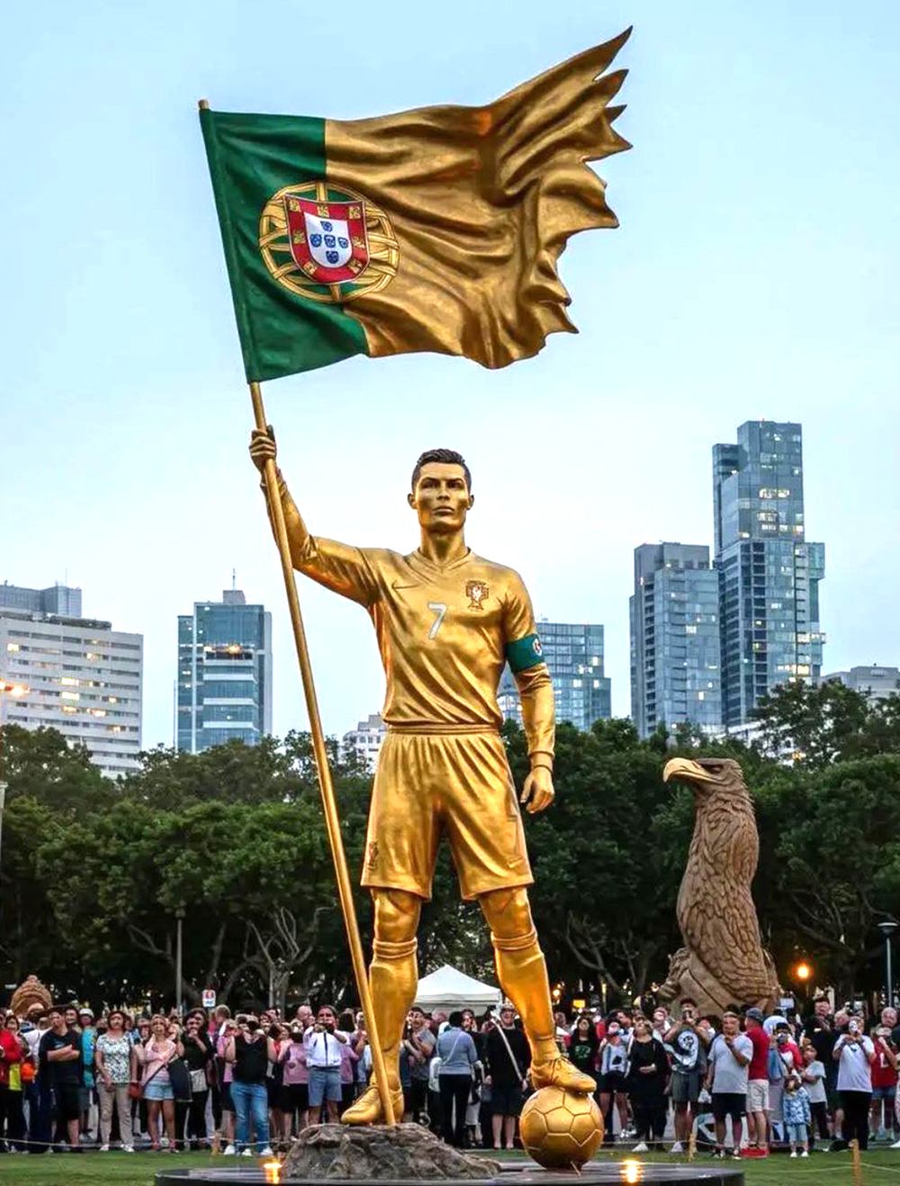 Golden bronze sculpture of Cristiano Ronaldo holding the national flag