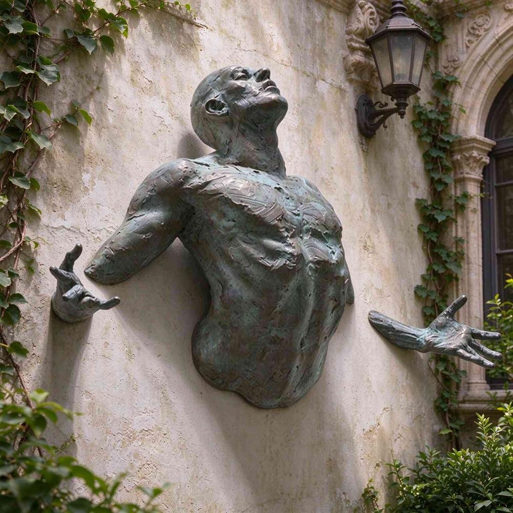 Green Bronze Man Breaking Free with Arms Outstretched Sculpture for Yard Wall Decor