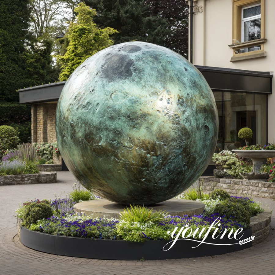 Large Green Bronze Metal Moon Sphere Sculpture for Yard Decor