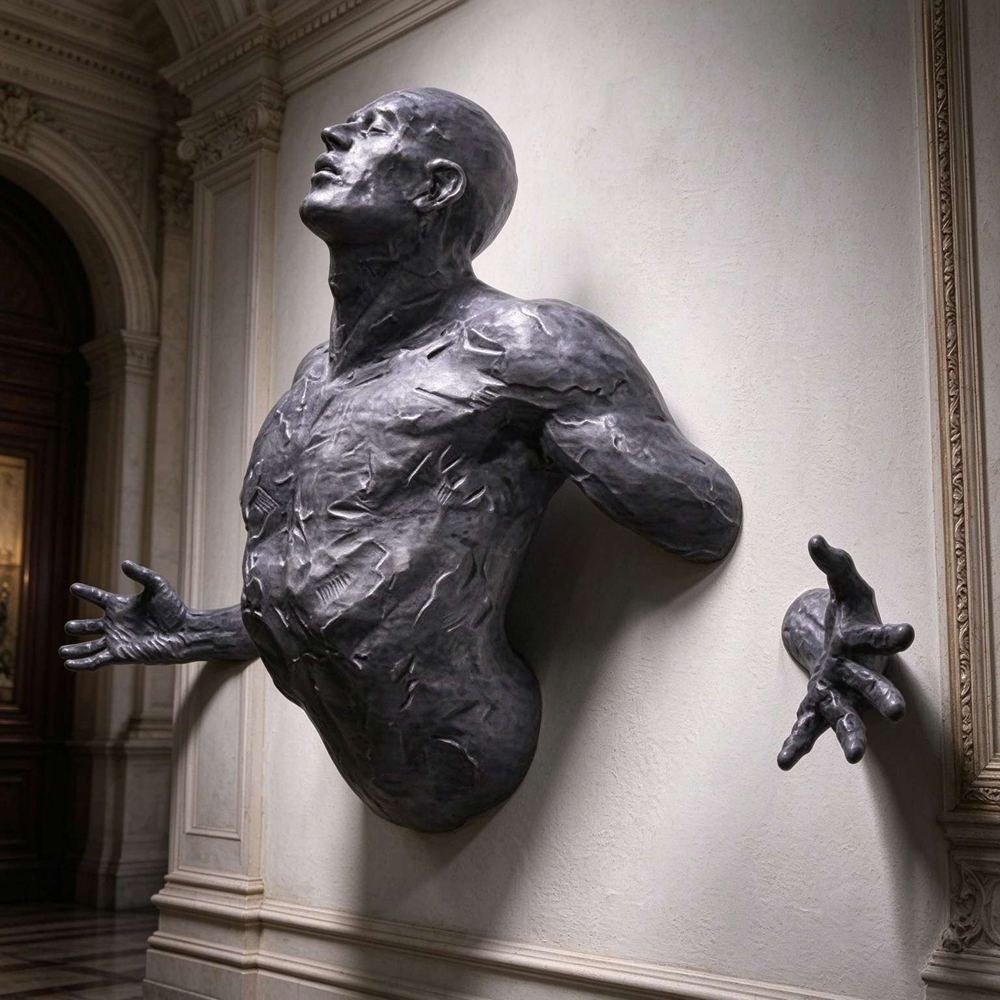 Grey Bronze Man Breaking Free with Arms Outstretched Sculpture for Indoor Wall Decor