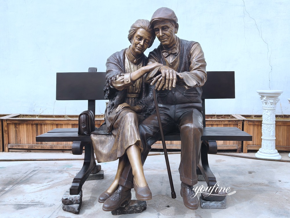 High Quality Bronze Old Couple Sitting on Bench Statue 