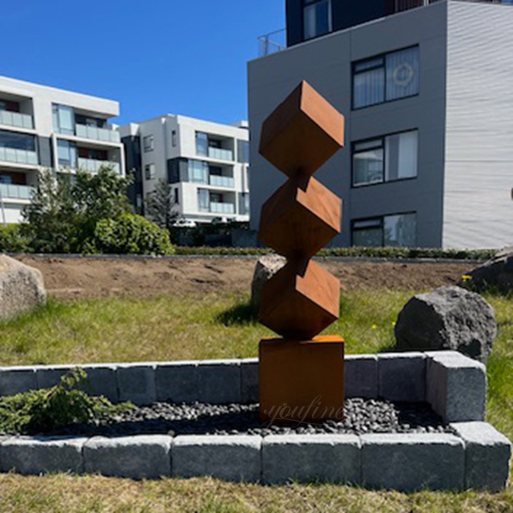 Icelandic community corten steel stacked cubes sculpture