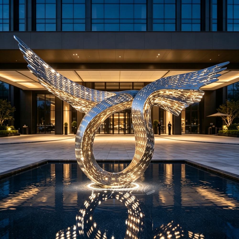 Illuminated stainless steel sculpture for hotel entrance decor