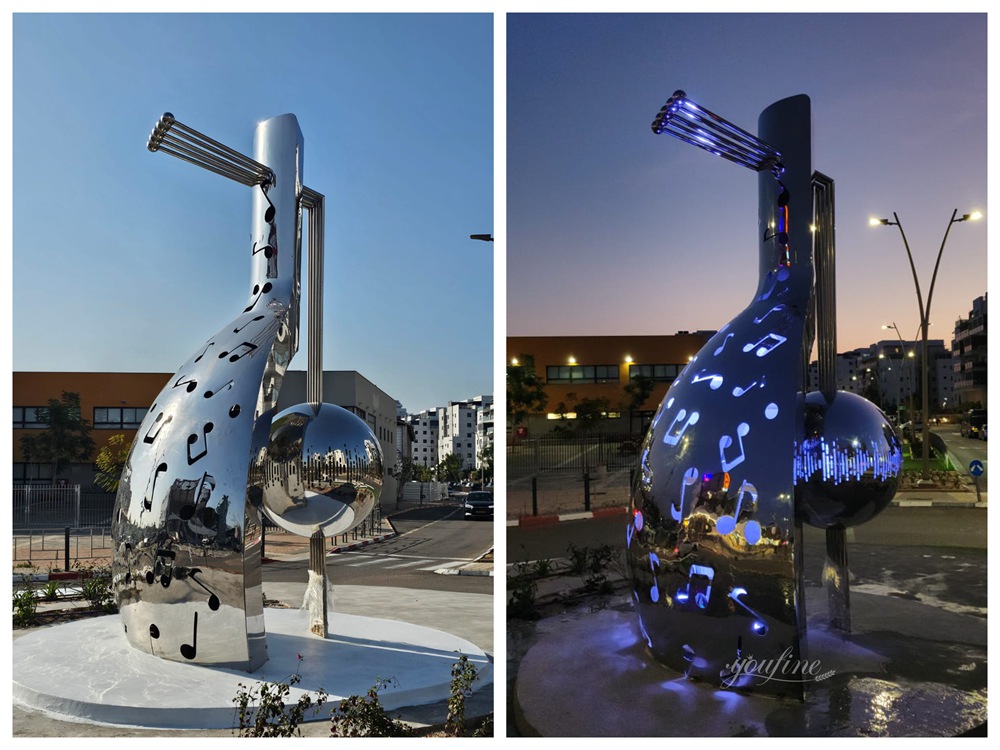 Israel custom large stainless steel musical instrument sculpture feedback