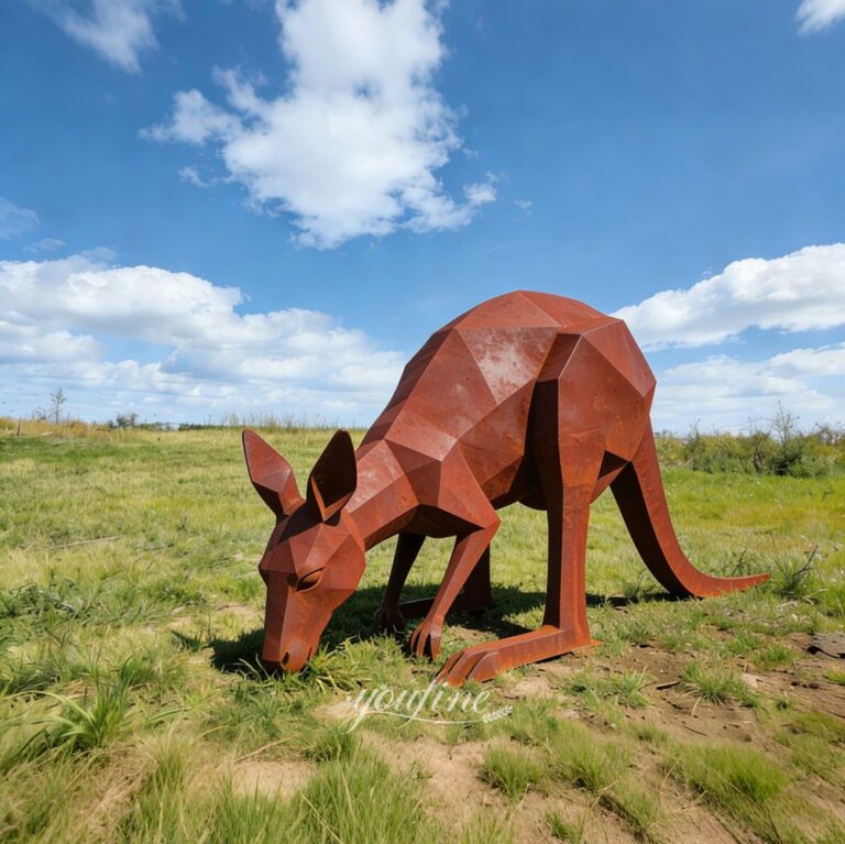 Geometric Eating Grass Corten Steel Kangaroo Sculpture