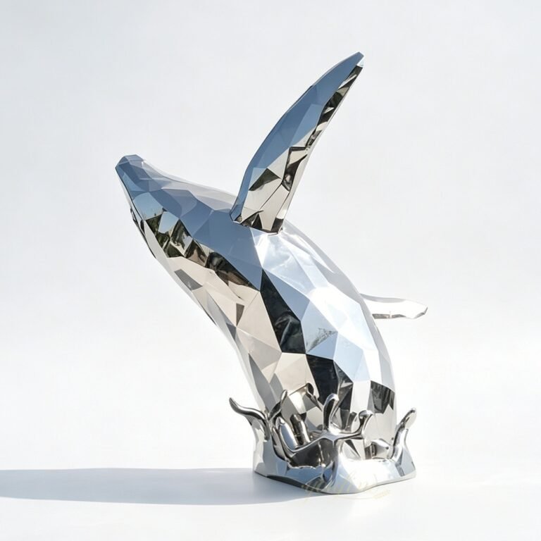 Large Metal Polygon Statue of a Jumping Whale