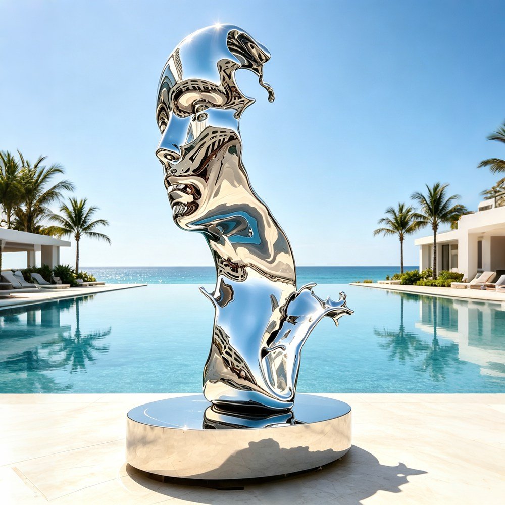 Large Mirrored Fluid Face Art Sculpture for Pool Decor