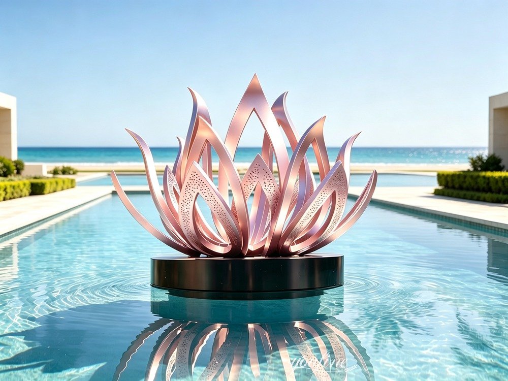Large Pink Stainless Steel Lotus Flower Sculpture Fountain