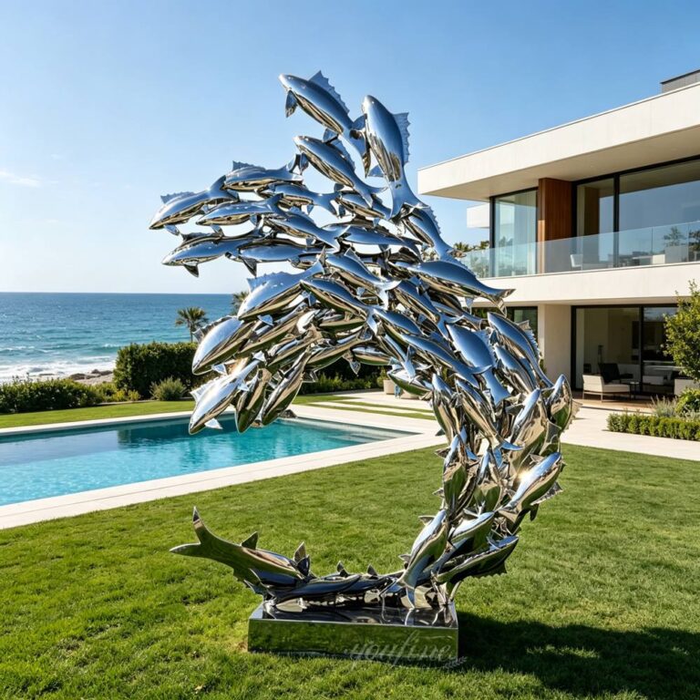 Large Polished Stainless Steel Fish Sculptures for Villa Pool Decor