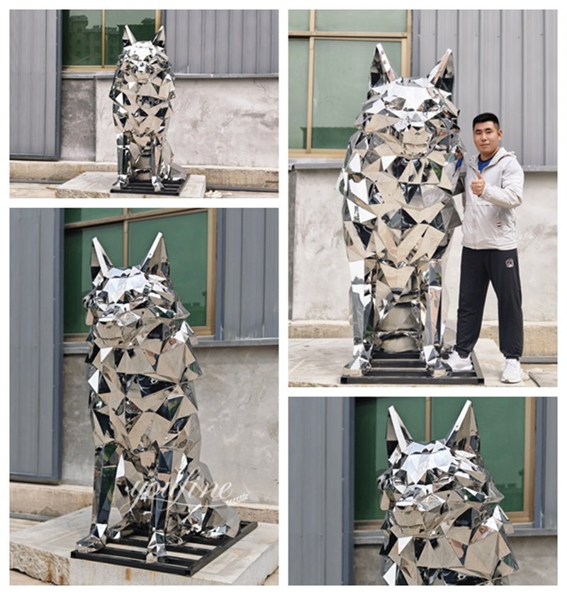 Large Sitting Stainless Steel Geometric Wolf Sculpture Details