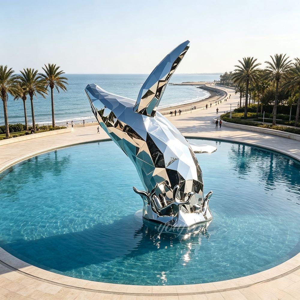 Large Stainless Steel Polygon Statue of a Jumping Whale