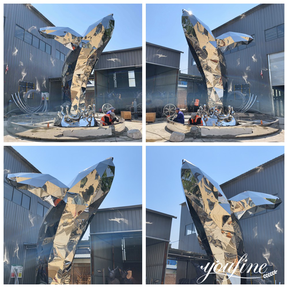 Large Stainless Steel Polygon Whale Statue Fountain Details