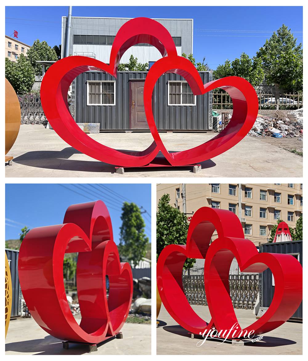 Large Stainless Steel Red Double Heart Sculpture Details