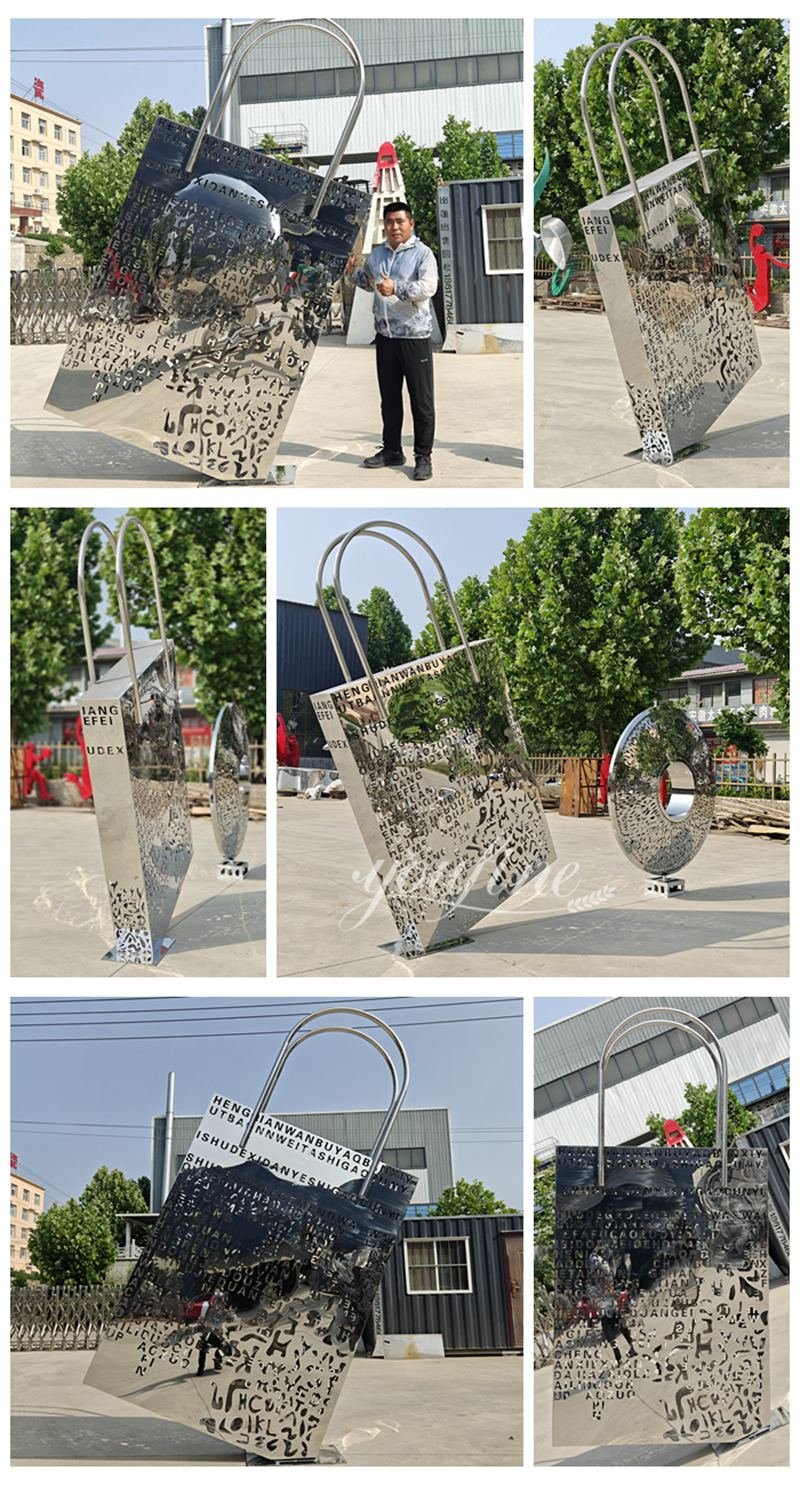 Large Stainless Steel Shopping Bag Sculpture Details