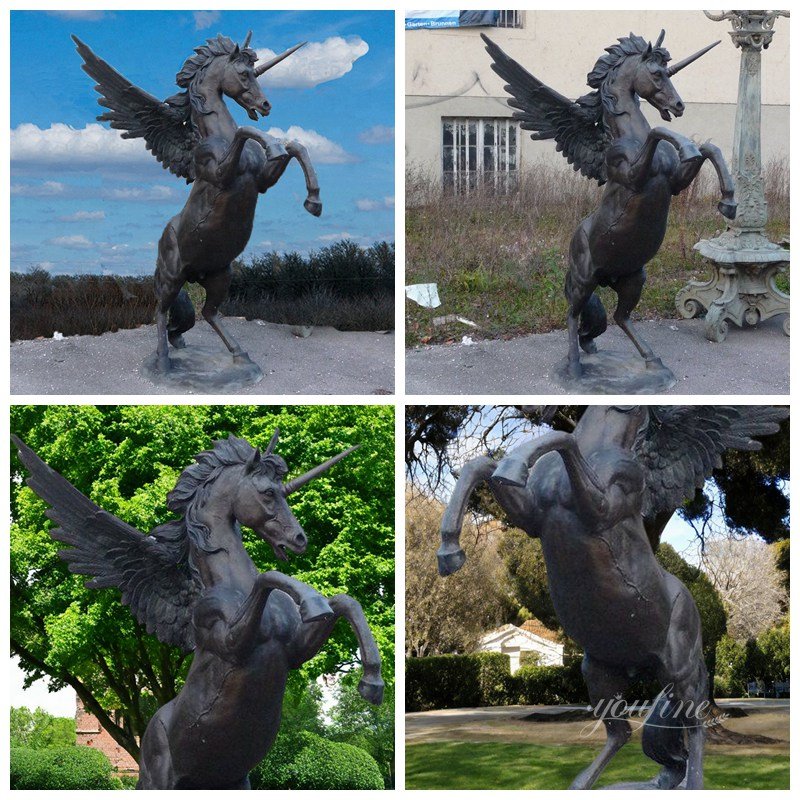 Life Size Leaping Bronze Unicorn Statue with Wings Details