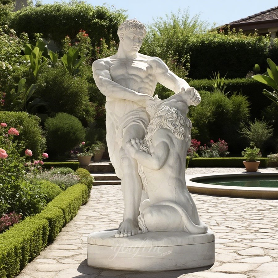 Life Size Marble Hercules and Nemean Lion Statue for Yard Decor
