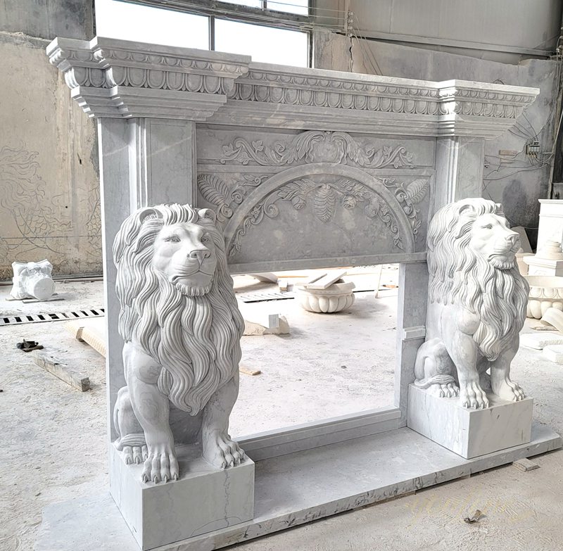 Majestic White Marble Lion Statue Fireplace Surround for Sale