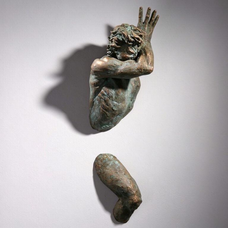 Man Shielding Face from Wall — Bronze Wall-Mounted Sculpture