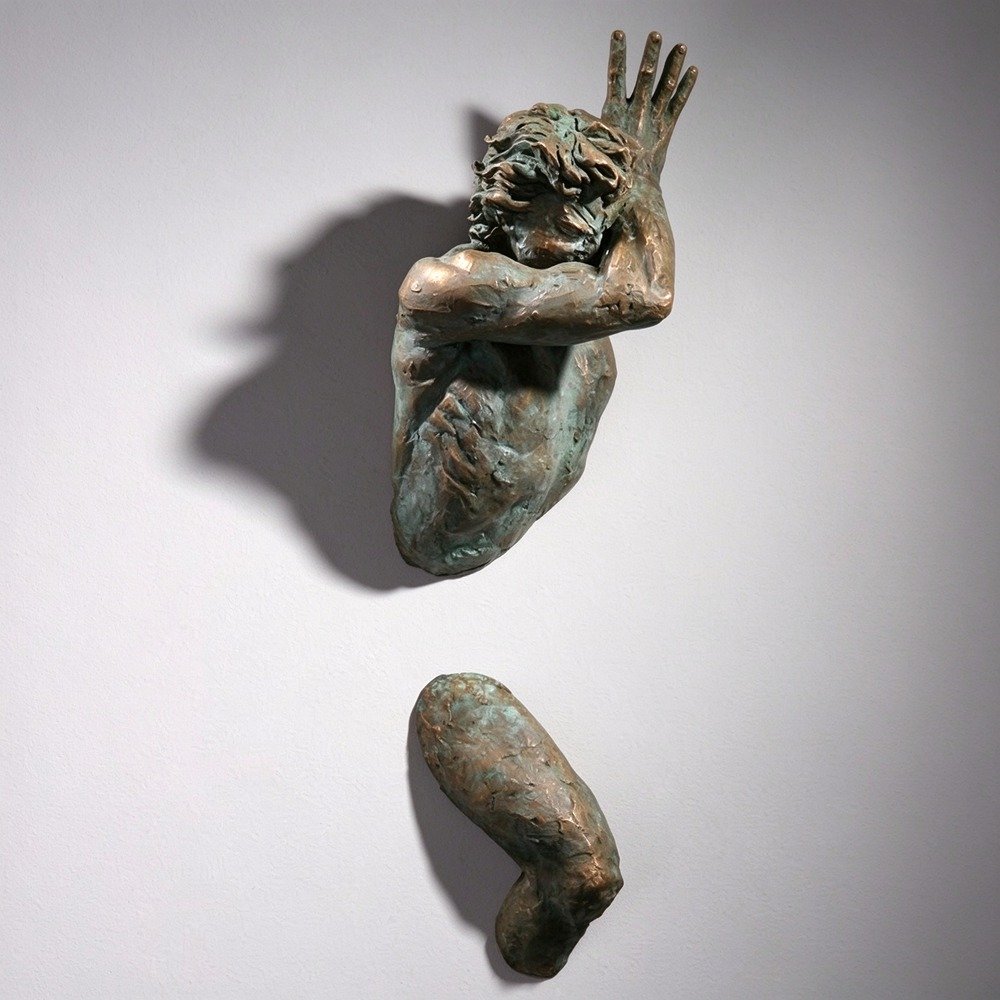 Man Shielding Face from Wall — Bronze Wall-Mounted Sculpture