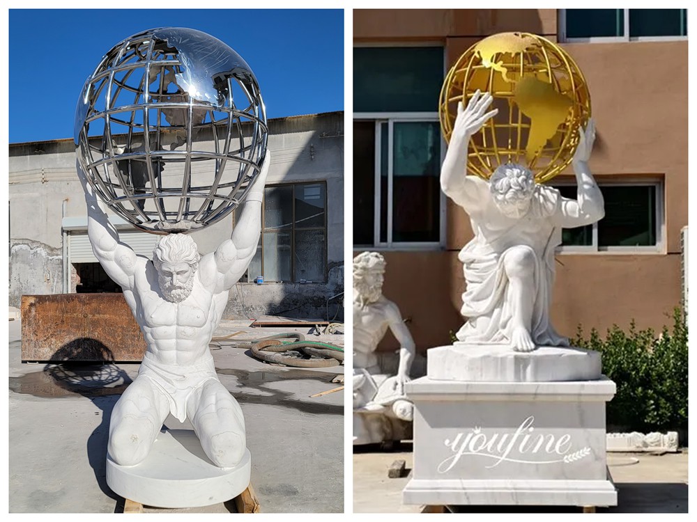 Marble Atlas Statues with Polished Stainless Steel Globe