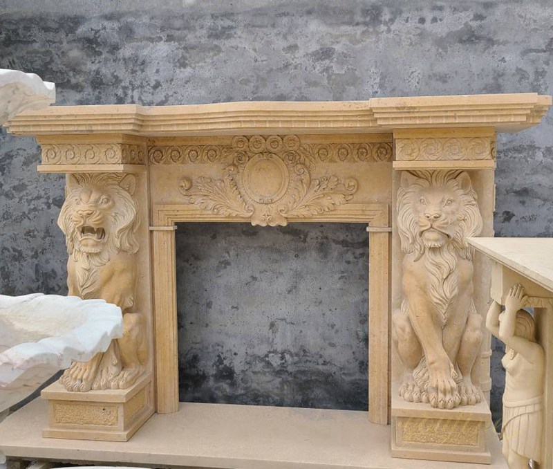 Marble Lion Statue Fireplace Surround for Sale