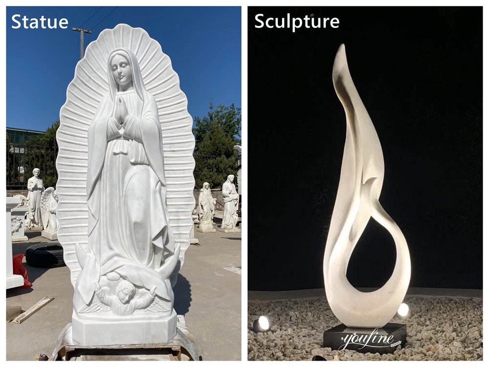Marble Virgin Mary Statue and Marble Abstract Sculpture
