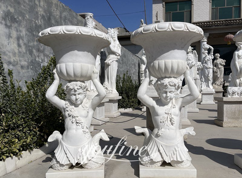 Marble flowerpot with boy statue - YouFine Sculpture