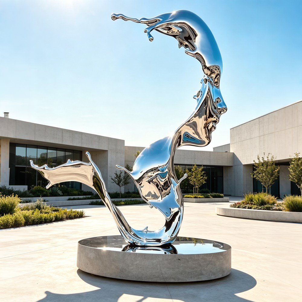 Mirrored Fluid Face Art Sculpture for Art Park Decor