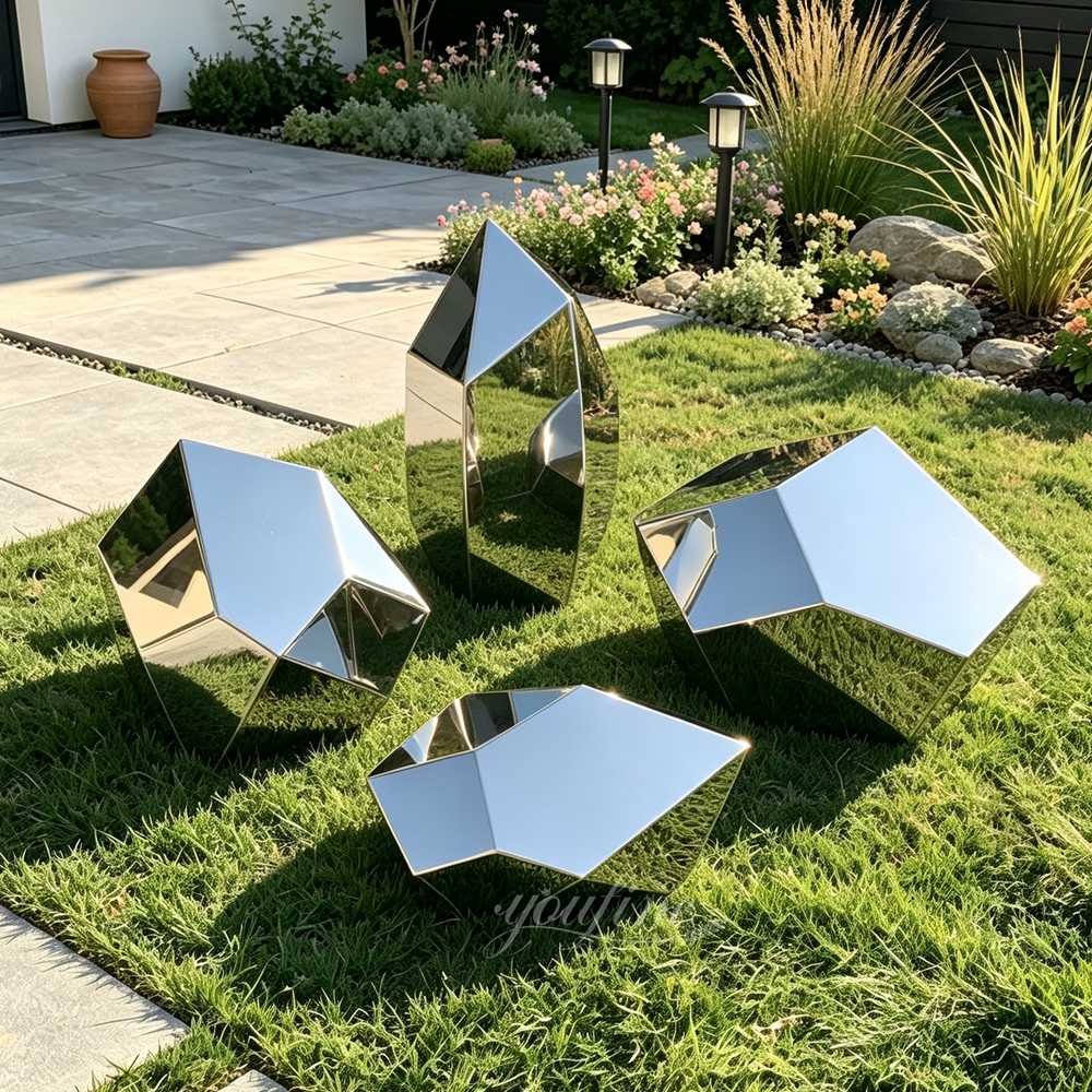 Mirrored Geometric Faceted Stainless Steel Rock Sculpture for Garden