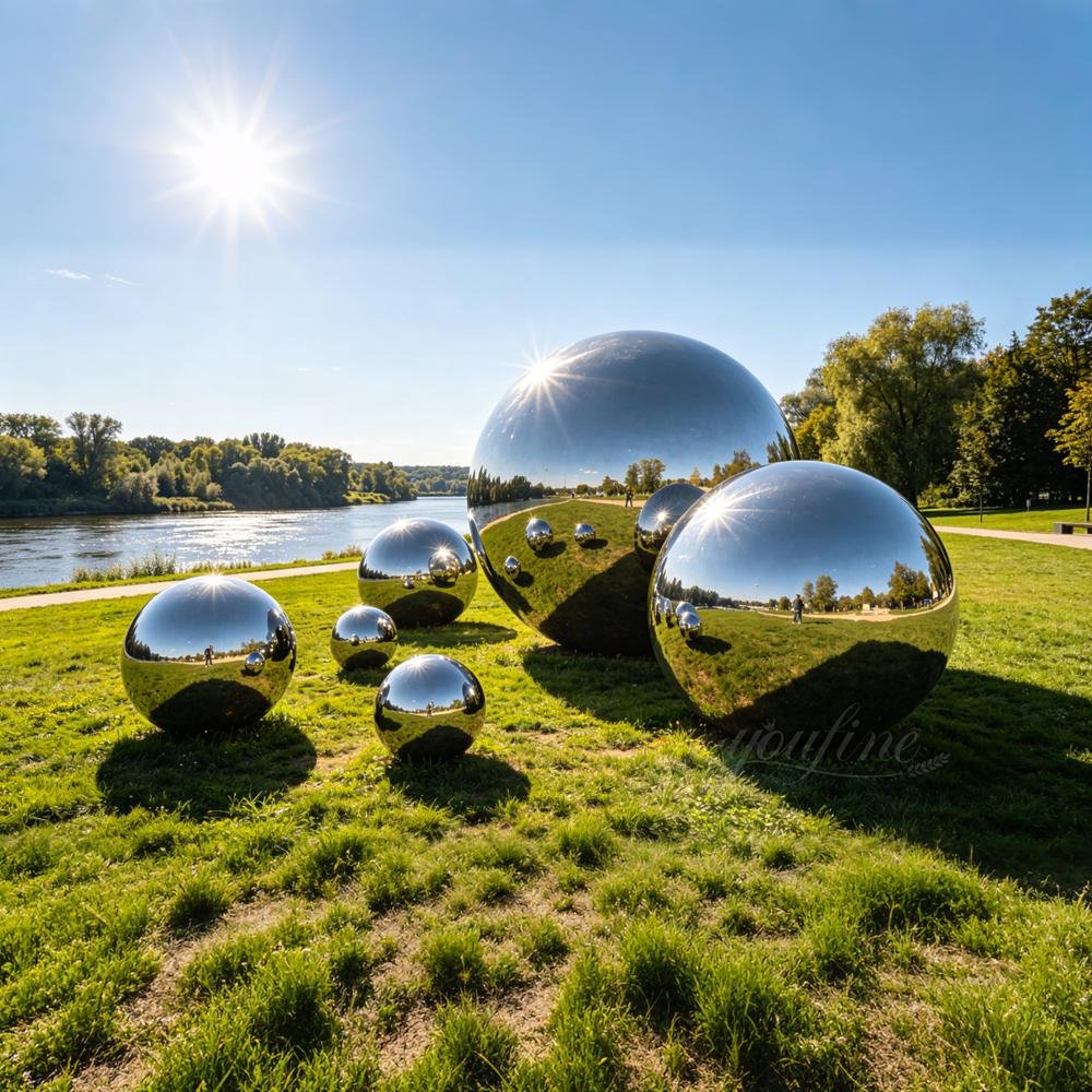 Mirrored Large Metal Spheres for Riverfront Park Decor