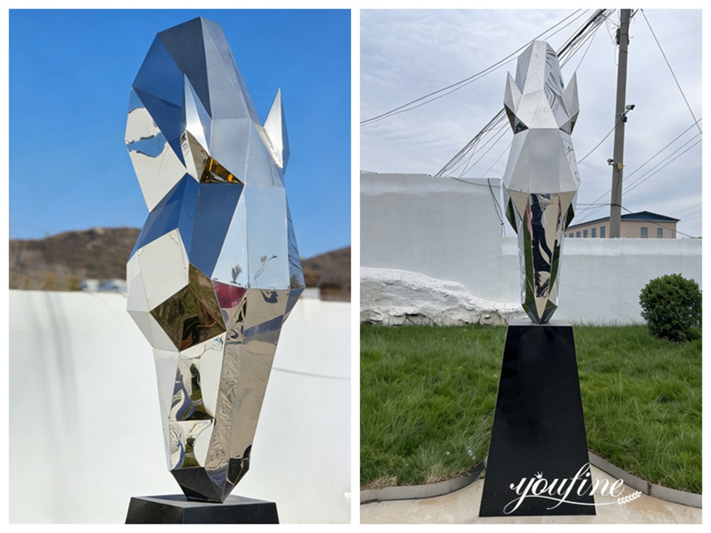 Mirrored Stainless Steel Geometric Horse Head Sculpture Details